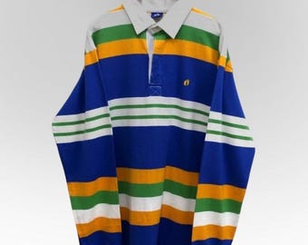 Maglietta a maniche lunghe vintage Hang Ten Stripe Multicolor Skate Surf Surfur Hip Hop, rara, taglia Large (vedi misure)