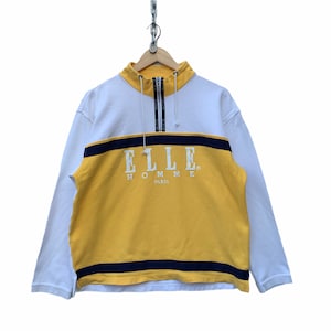 Vintage ELLE Sweatshirt 90&#39;s Hip Hop Rap Elle Homme Colourblock Sweater Streetwear Big Logo Elle Paris Jacket Size L (Refer Measurement)