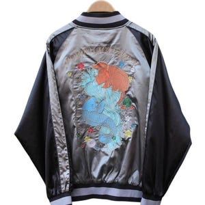 Sukajan jacket Vintage Sukajan Japanese Koi Fish Sakura Yokosuka Japan Yakuza Embroidery Souvenirs Satin Jacket Medium (Refer Measurement)