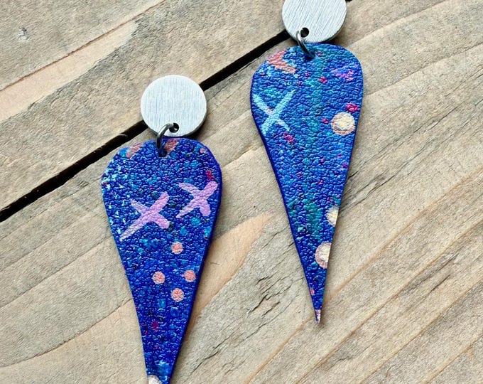 No. 93 | navy faux leather and brass mixed media hand painted teardrop earrings