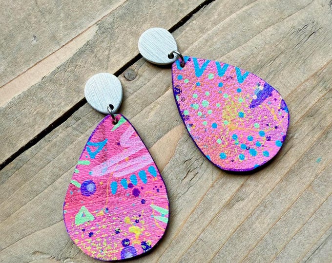 No. 136 | teardrop faux leather and brass mixed media hand painted earrings
