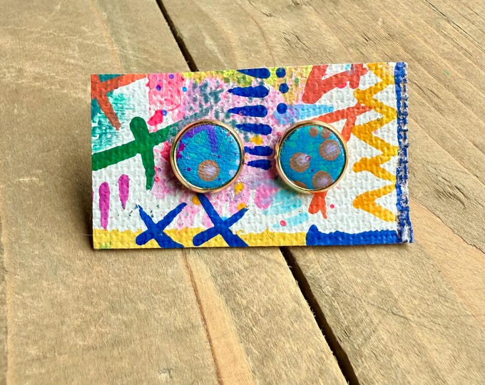 No. 66 | blue faux leather hand painted button stud earrings