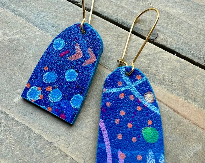 No. 144 | lightweight colorful faux leather blue hand painted earrings