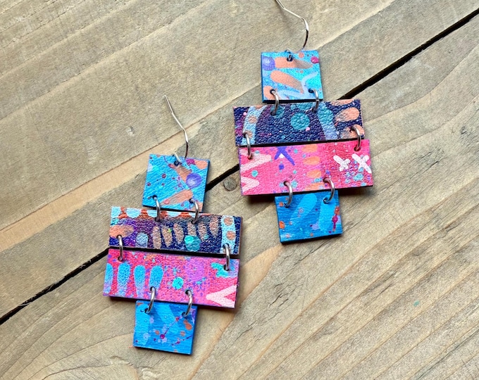 No. 68 | geometric faux leather hand painted geometric dangle earrings