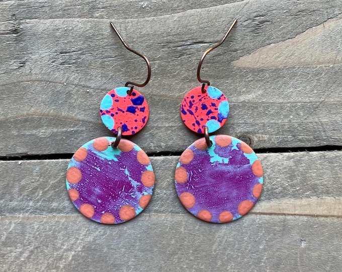 No. 91 | round copper mixed media hand painted dangle earrings