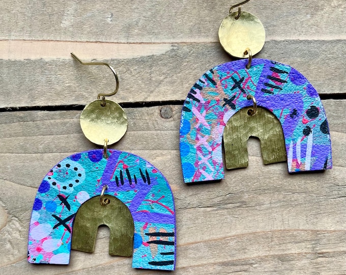 No. 21 | faux leather and brass mixed media hand painted chandelier earrings