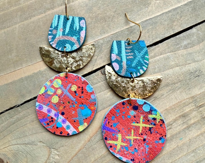 No. 4 | boho faux leather and brass mixed media hand painted chandelier earrings