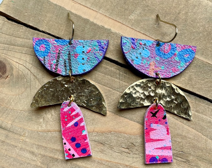 No. 10 | faux leather and brass mixed media hand painted chandelier earrings