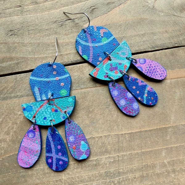 No. 32 | faux leather chandelier hand painted dangle earrings