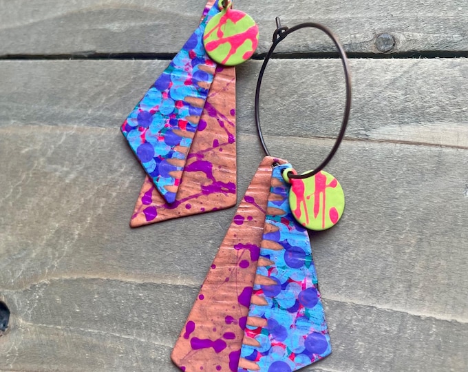 No. 60 | long unique copper mixed media hand painted chandelier earrings