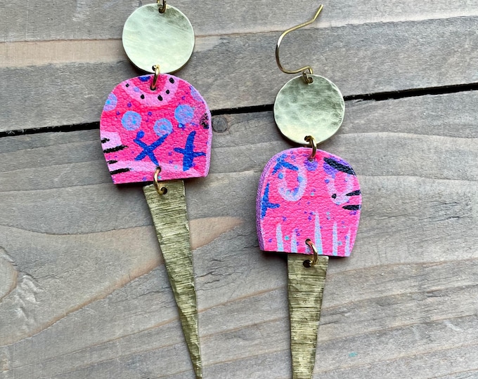 No. 20 | long pink faux leather and brass mixed media hand painted chandelier earrings
