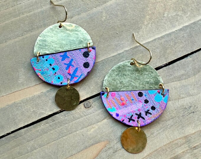 No. 31 | faux leather and brass mixed media hand painted chandelier earrings