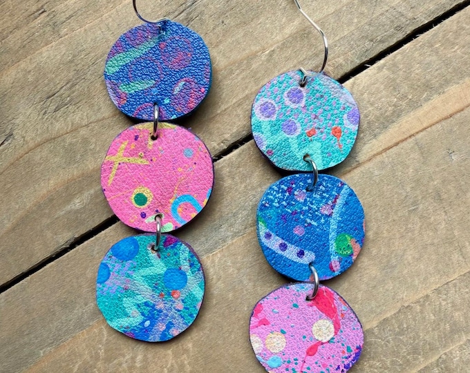 No. 160 | faux leather mismatched hand painted dangle earrings