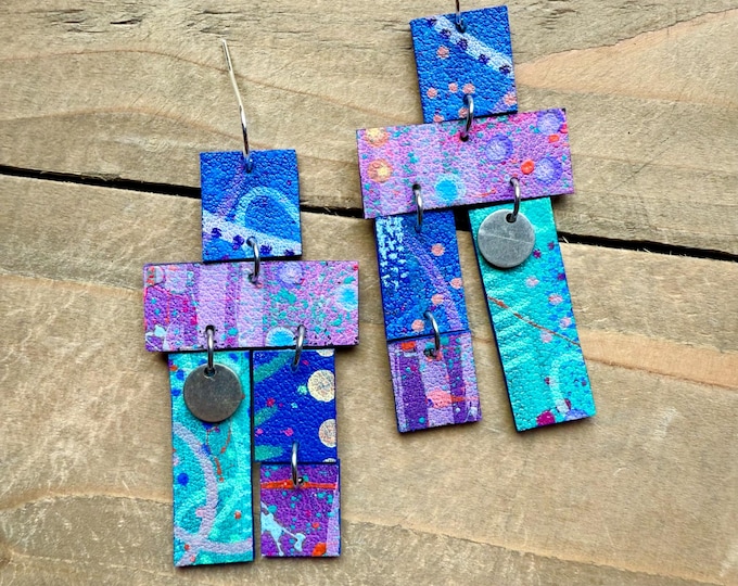 No. 145 | faux leather hand painted geometric dangle earrings