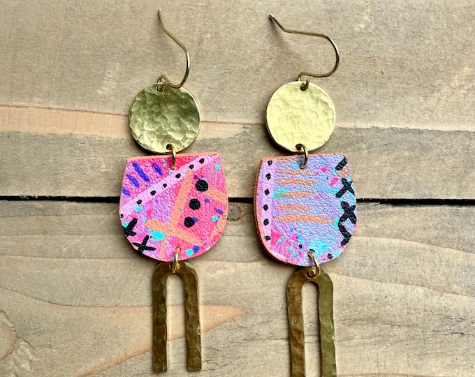 No. 201 | long faux leather and brass mixed media hand painted chandelier earrings