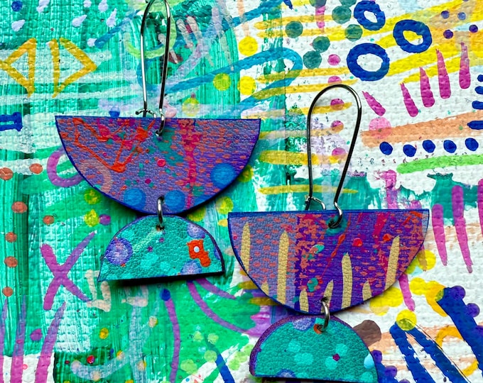 No. 138 | faux leather mixed media hand painted chandelier earrings