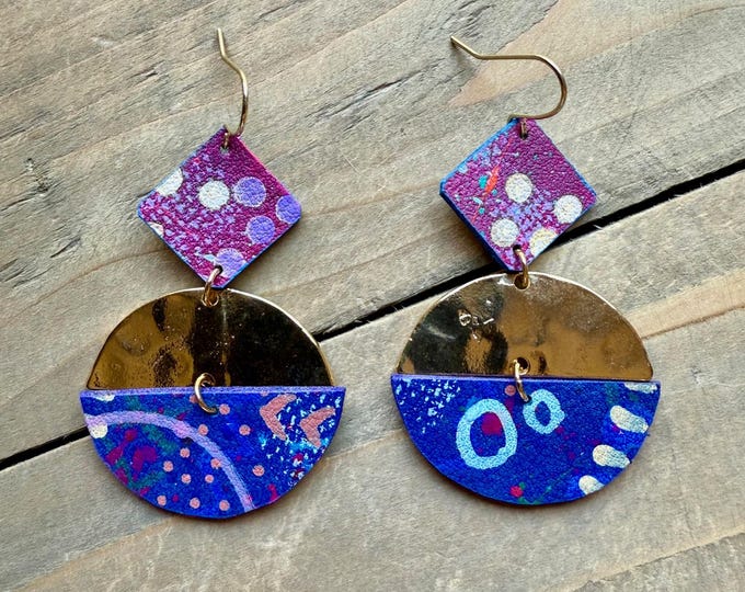 No. 100 | faux leather and brass hand painted earrings