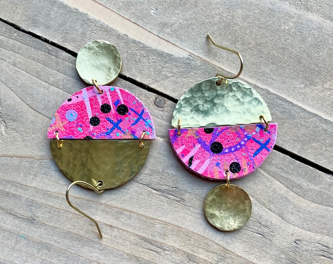 No. 2 | vegan leather and brass mixed media hand painted chandelier earrings