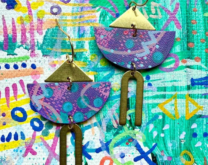 No. 134 | unique faux leather and brass mixed media hand painted chandelier earrings