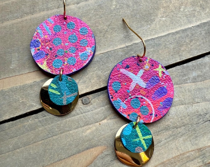 No. 6 | faux leather and brass mixed media hand painted dangle earrings