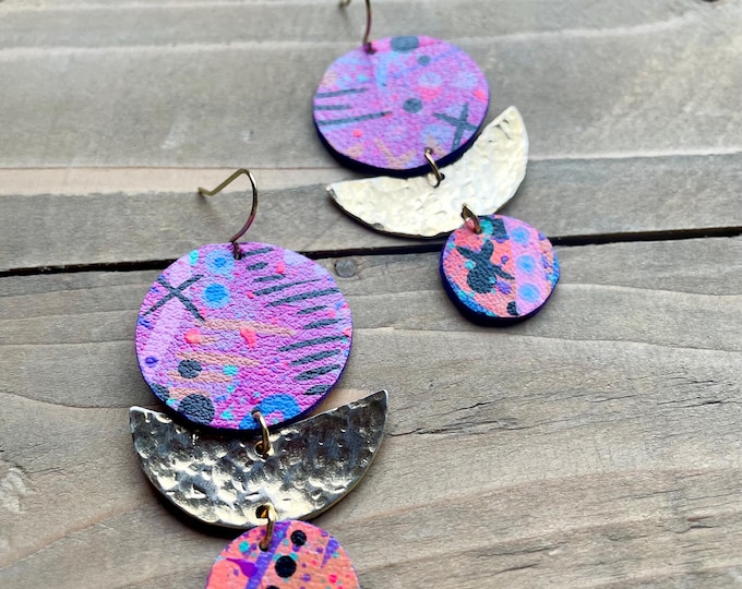 No. 32 | faux leather and brass mixed media hand painted chandelier earrings