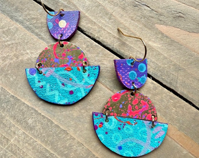 No. 128 | faux leather and brass mixed media hand painted earrings