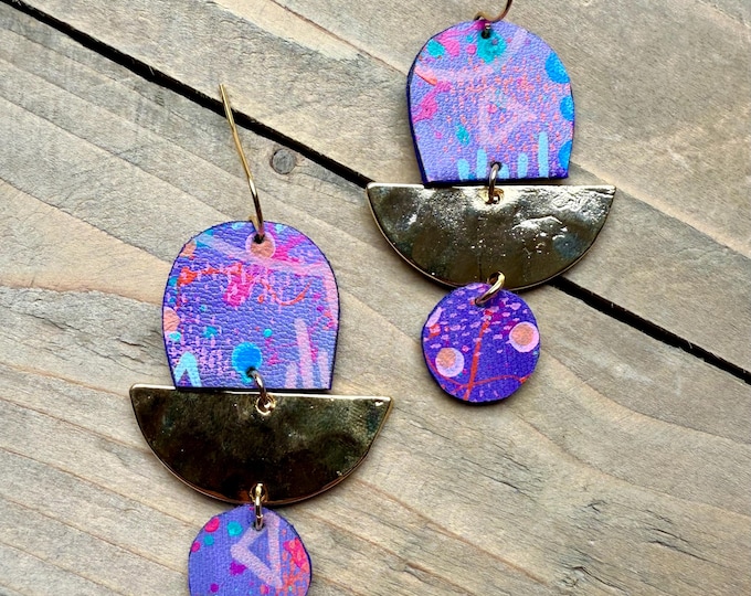 No. 26 | arch faux leather and brass mixed media hand painted chandelier earrings