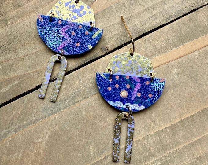 No. 25 | faux leather and brass mixed media hand painted chandelier earrings