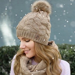 Winter hat and scarf set for women Set Cute Soft Warm Infinity best christmas gift pom pom Fleece Lined image 7