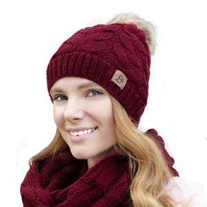 Winter hat and scarf set for women Set Cute Soft Warm Infinity best christmas gift pom pom Fleece Lined image 8