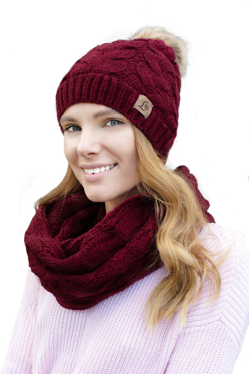 Winter hat and scarf set for women Set Cute Soft Warm Infinity best christmas gift pom pom Fleece Lined image 8