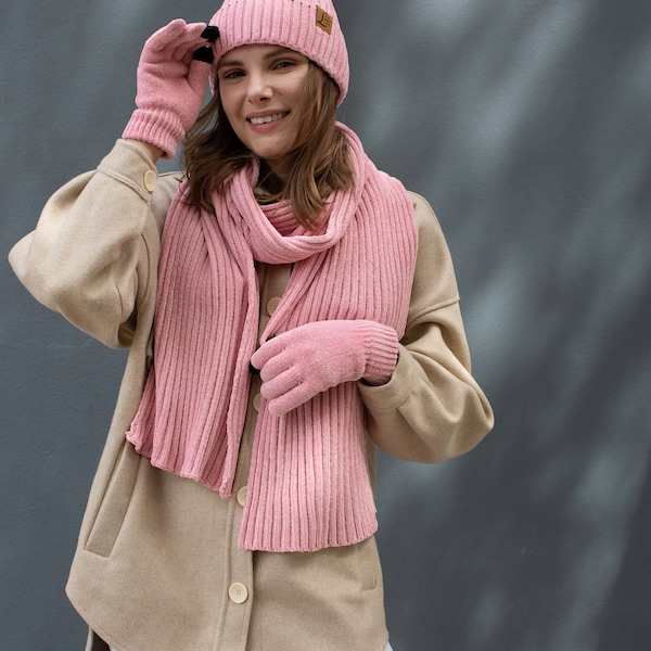 Bonnet chaud en tricot d'hiver pour femmes, écharpe longue, ensemble de gants pour écran tactile, casquettes de crâne, foulards blancs