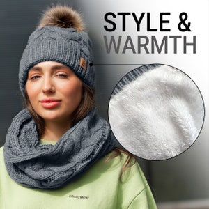 Winter hat and scarf set for women Set Cute Soft Warm Infinity best christmas gift pom pom Fleece Lined image 2
