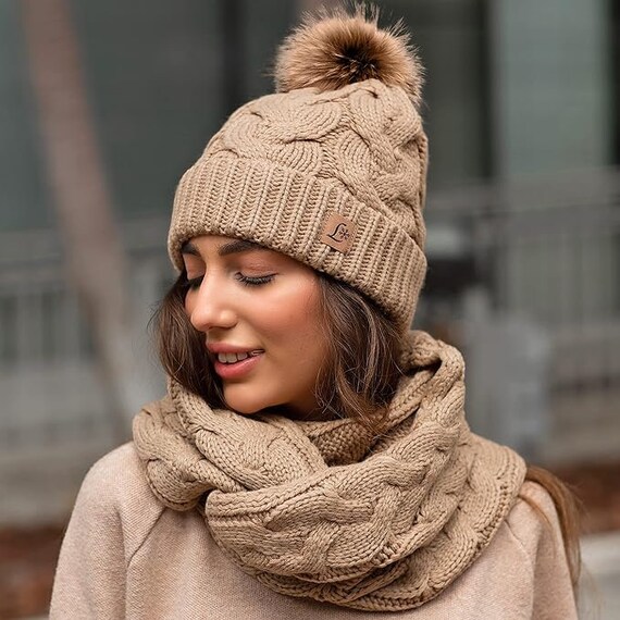 Biege ensemble bonnet et écharpe d'hiver pour femmes, ensemble