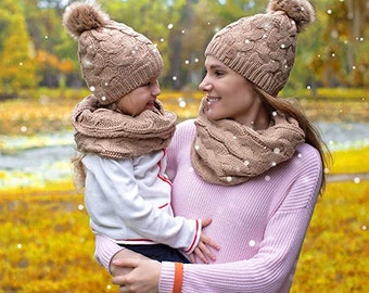 Winter hat and scarf set mom and me for women Set Fleece lined Cute Soft Warm Infinity pom pom best christmas gift