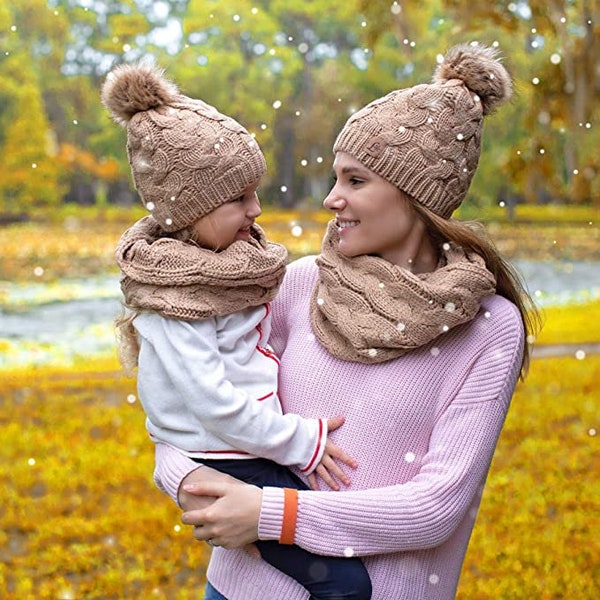 Winter hat and scarf set mom and me for women Set Fleece lined Cute Soft Warm Infinity pom pom best christmas gift