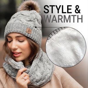 Winter hat and scarf set for women Set Cute Soft Warm Infinity best christmas gift pom pom Fleece Lined image 3