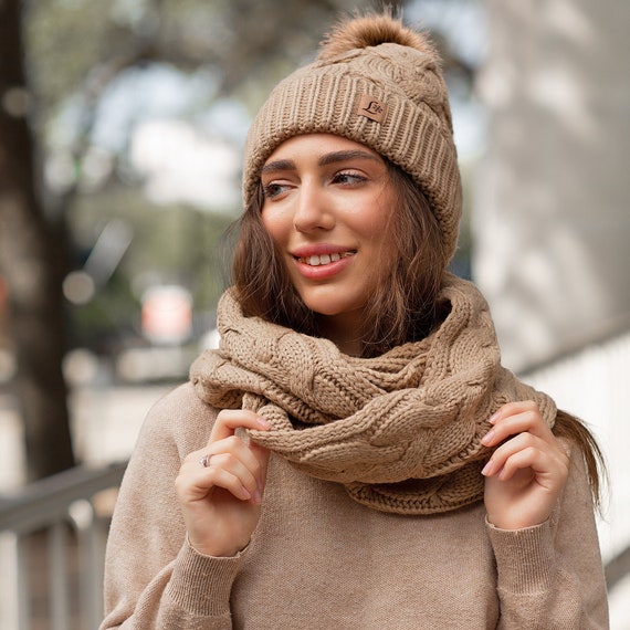 Hat Scarf Gloves Set, Hat Scarf Combo, Hat Scarf Mittens-Hat Scarf Womens-Winter Pom Pom Slouchy Hat Lined with Fleece Mittens Gloves Scarf