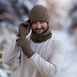 Mens Hat Scarf And Gloves Set Winter, Thick Thermal Fleece Lined Slouchy Beanie Neck Warmer Scarves Touchscreen Gloves, 3 In 1 Warm Set For Cold