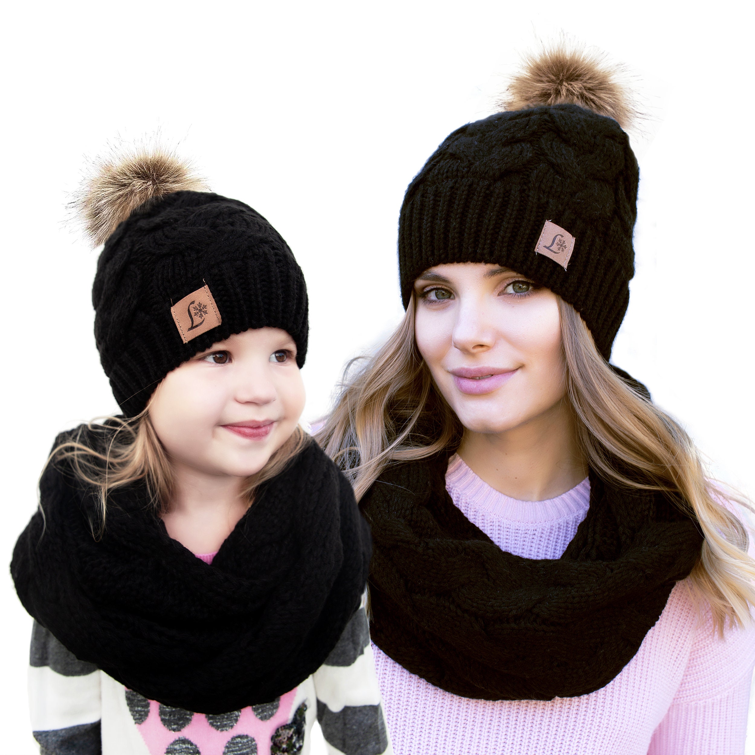 Children's Knitted Hat & Scarf Set Letter Patch Plush Thickened Warm Winter  With Pom Pom For Girls And Boys - Temu