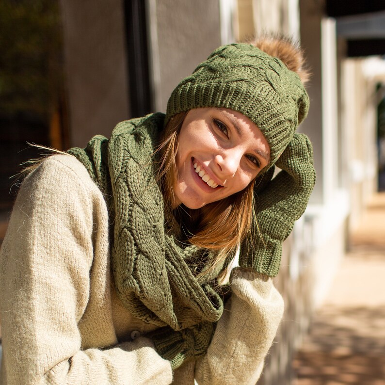 Winter hat and scarf set for women Set Cute Soft Warm Infinity best christmas gift pom pom Fleece Lined image 6