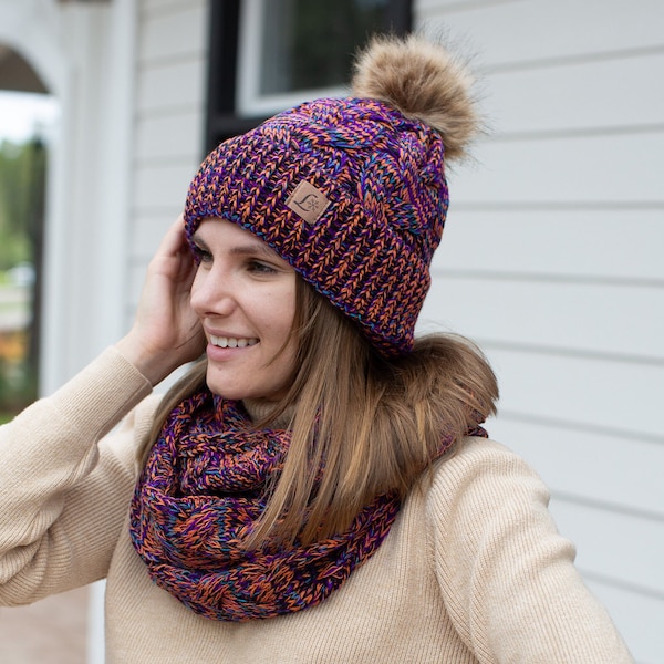 Ensemble bonnet d'hiver écharpe pour femme avec pompons, doublure polaire