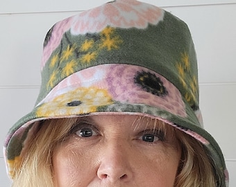 Olive Floral Fleece Bucket Hat/ Floral Bucket Hat/ Fleece Bucket Hat/ Fleece Hat/ Bucket Hat/ Winter Hat