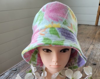 Blue Floral Woman's Fleece Bucket Hat/ Bucket Hat/ Fleece Hat/ Winter Hat/ Flower Bucket Hat