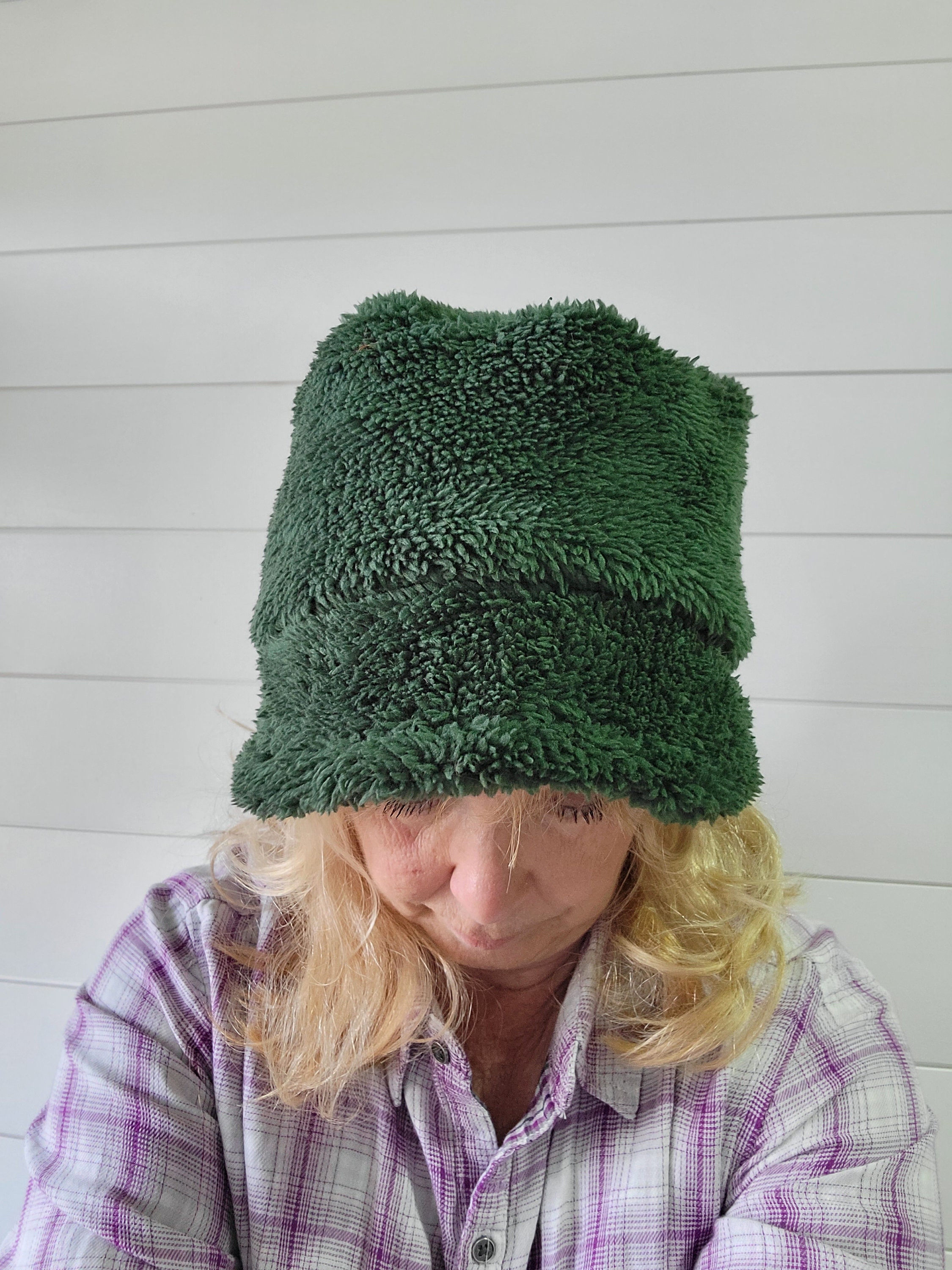 USA Made Forest Green Fleece Sherpa Bucket Hat Unique Gorpcore Handmade in CA Forest Green Sherpa Bucket Hat/ Adult Bucket Hat/ Green  main image 3