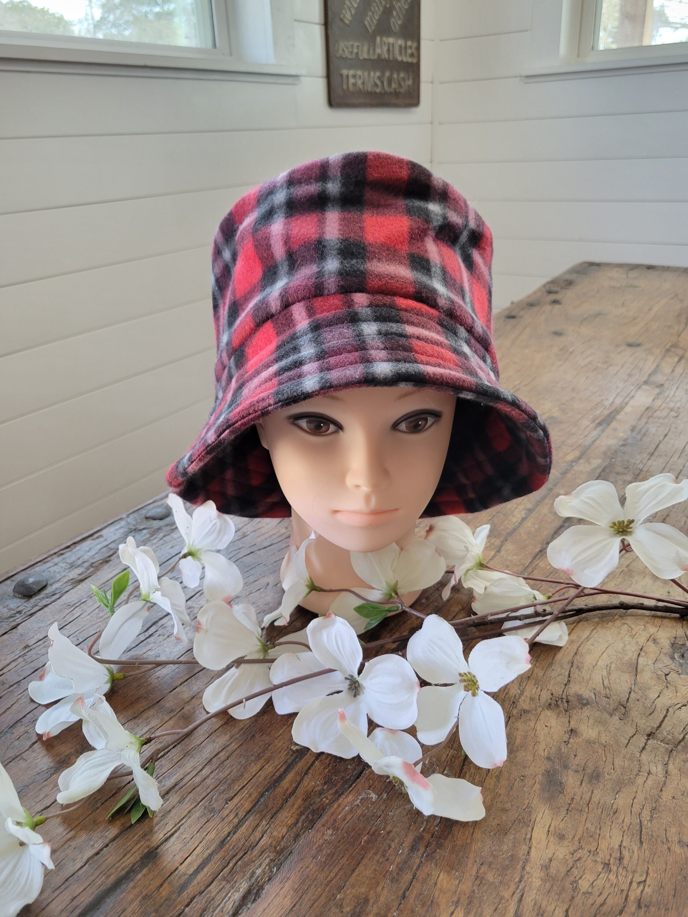 Red Plaid Fleece Bucket Hat/ Fleece Bucket Hat/ Bucket Hat/ Fleece