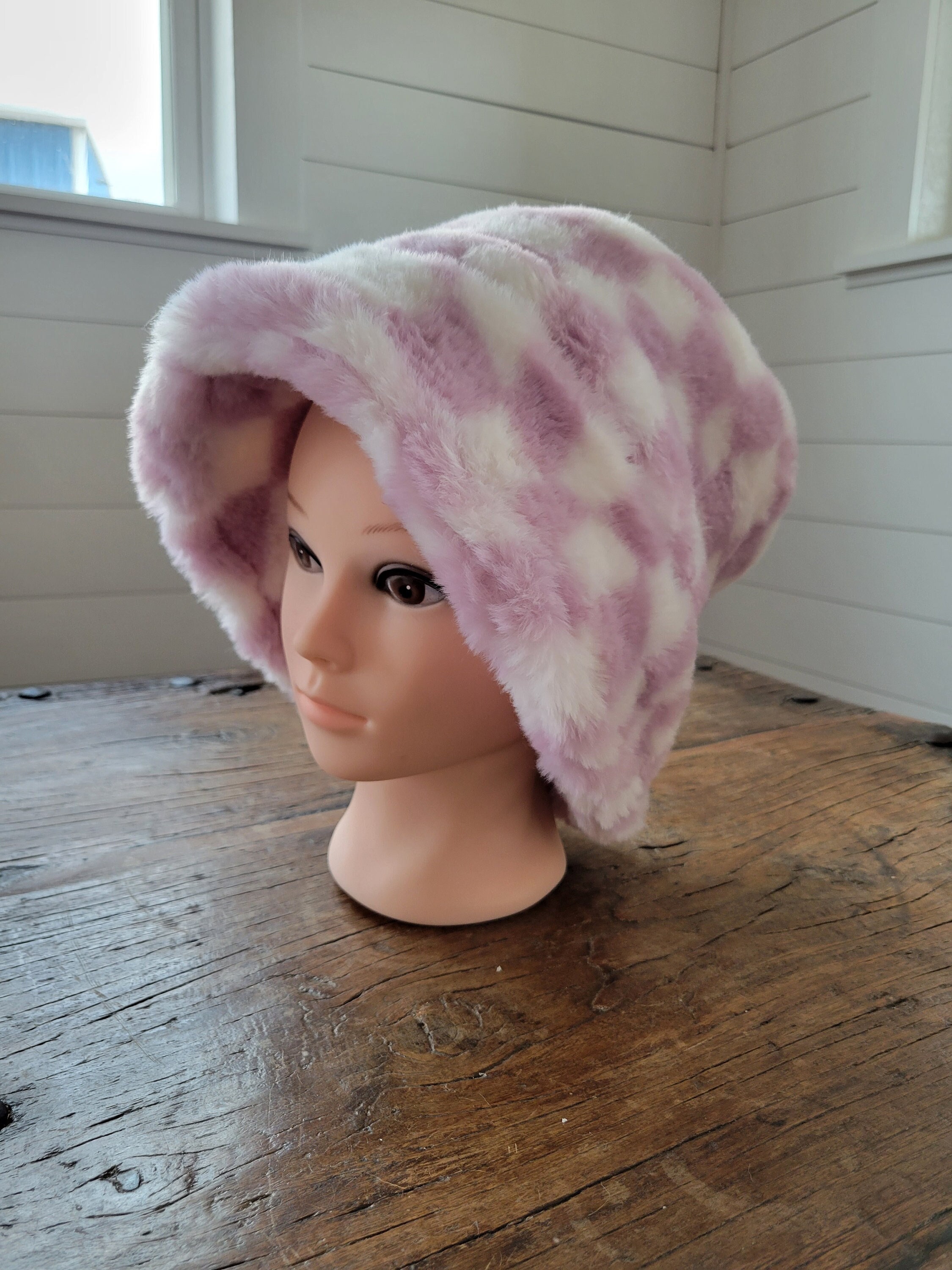 ハット [MERCHEN] Milky Fur Bucket Hat_4color Lavender Checkered Faux Fur Bucket Hat/ Fur Bucket Hat