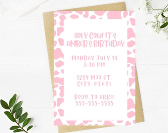 Pink Cow Print Birthday Party Invite Invite- Canva Template, Self Edit Template, Easy to Edit, Digital Invitation, Cowgirl, Cowboy