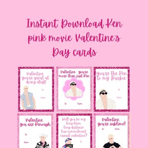 Pink Movie Ken Instant Download Printable Valentines Day Cards, Kids Valentine Cards, Easy School Cards, You Print, Pink Glitter image 1