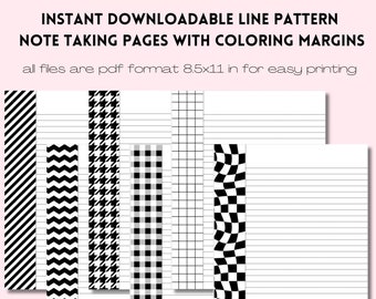 6 Unique Downloadable Note Taking Pages Featuring Coloring Page Margins- Instant download, Putter Pages, Downloadable Note taking paper